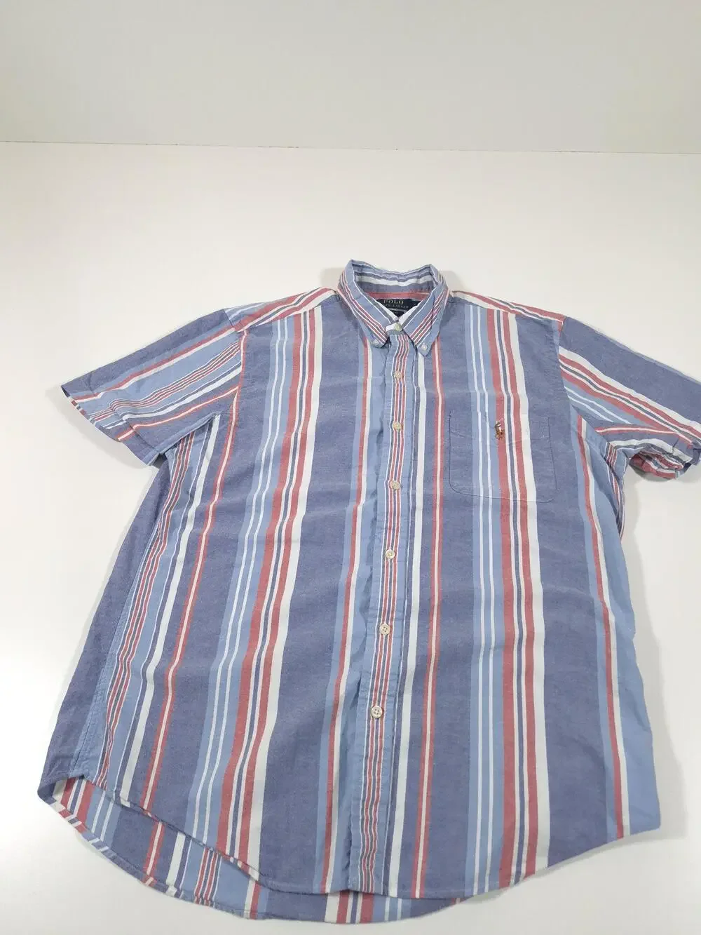 Polo Ralph Lauren Shirt Mens L Blue Stripe Custom Fit S/S Button Down Flesh Pony